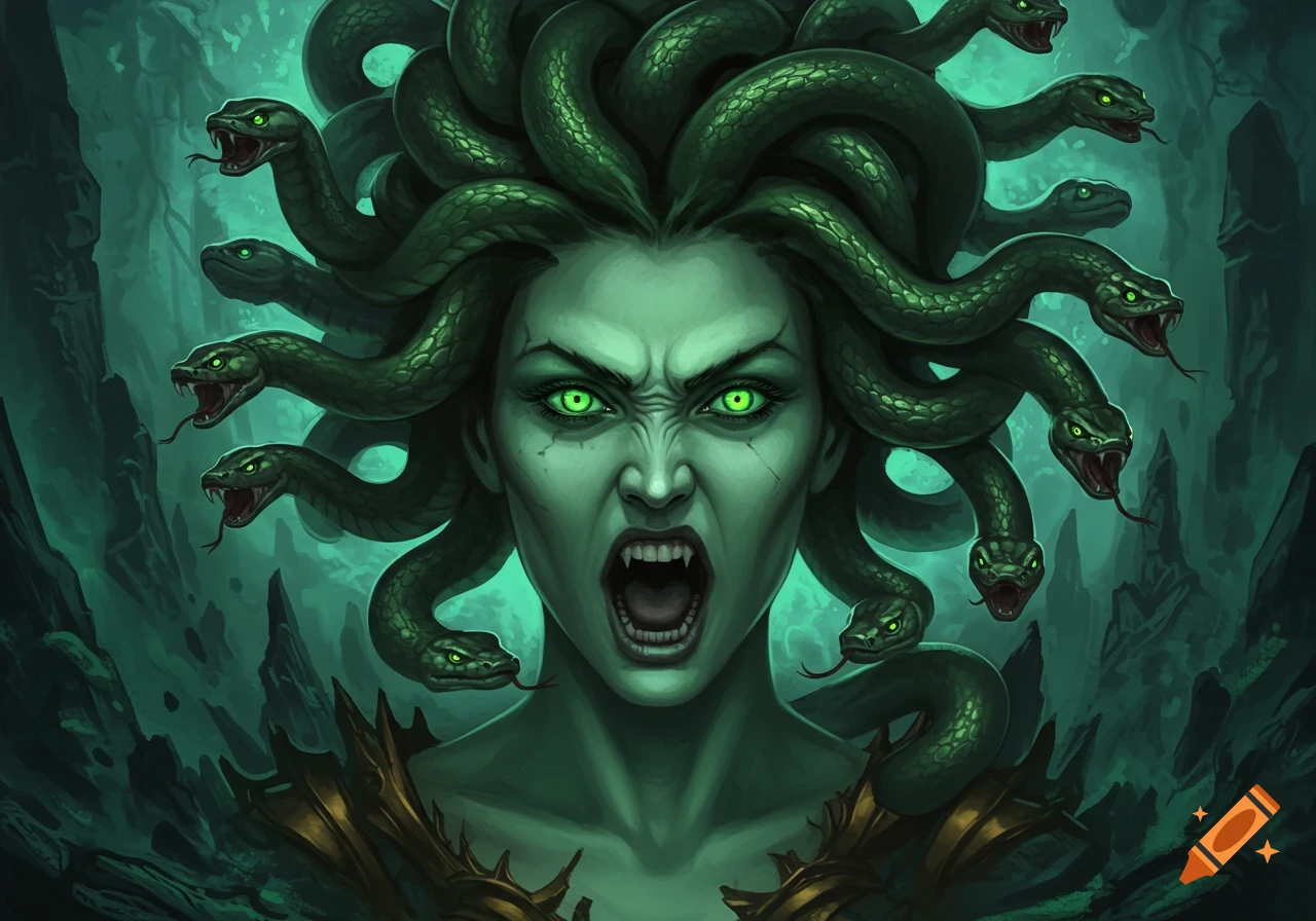 A detailed digital painting of an enraged Medusa with green skin, glowing eyes, and a mass of hissing snakes as hair, against a dark background.