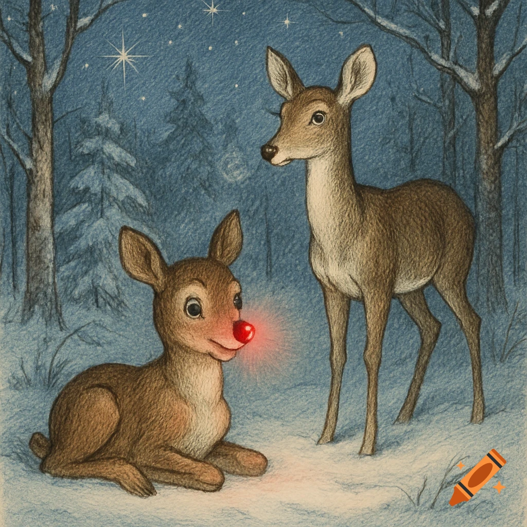 A stylized illustration of a baby Rudolph with a glowing red nose and an adult deer in a snowy forest at night.