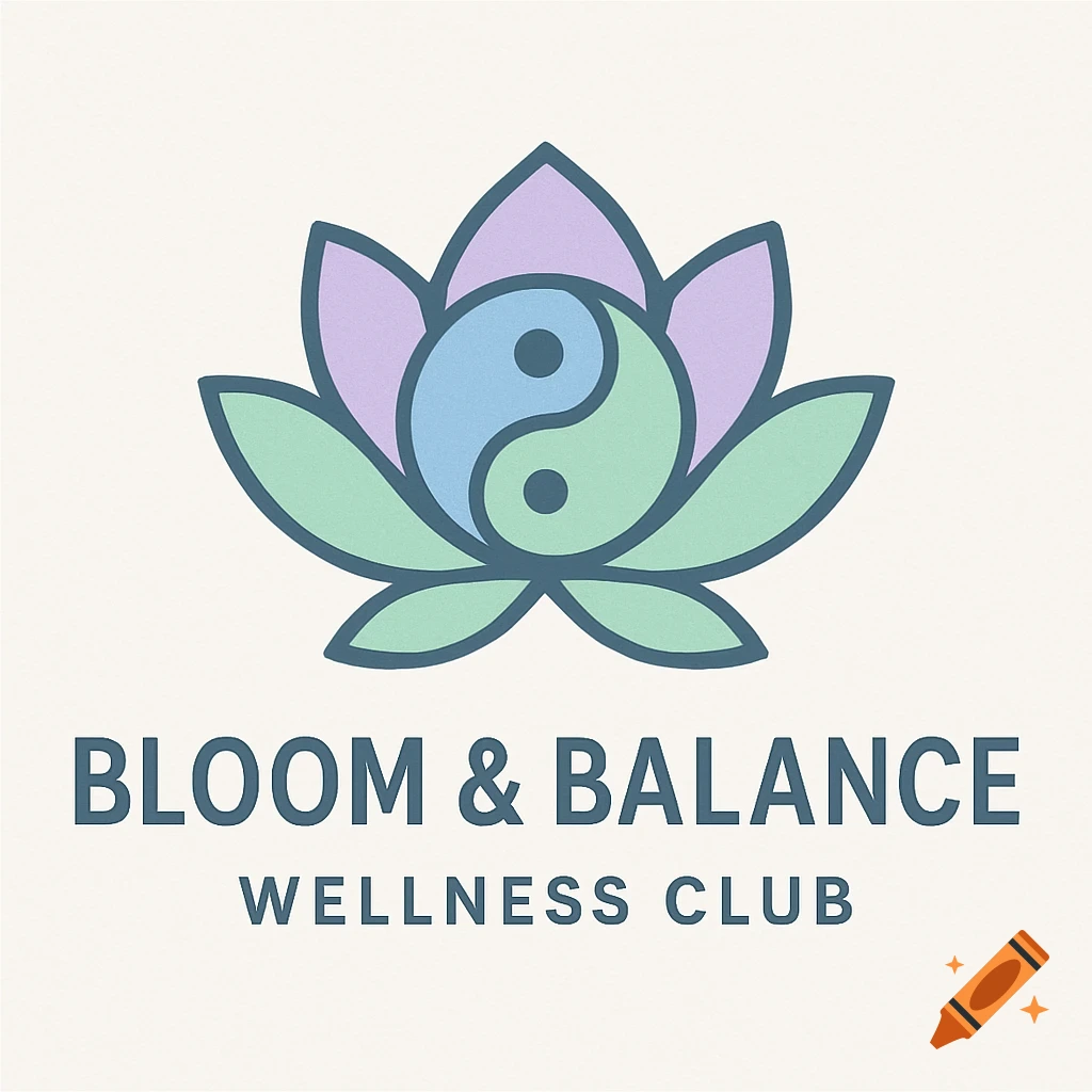 Logo for Bloom & Balance Wellness Club: a pastel purple and green lotus with a blue and green Yin-Yang symbol.