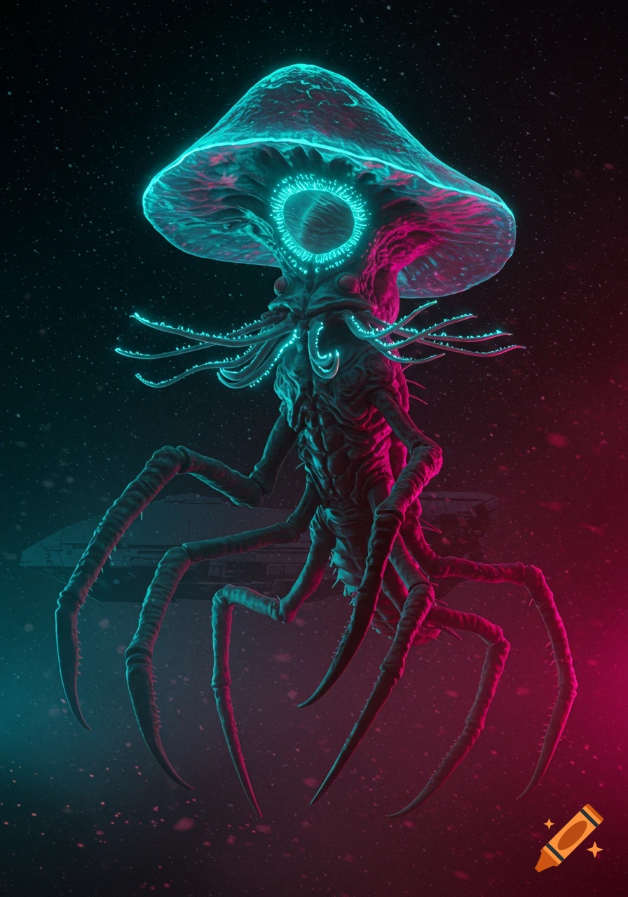 A photorealistic, bioluminescent alien creature with a glowing mushroom-like head and spider-like legs floats in deep space.