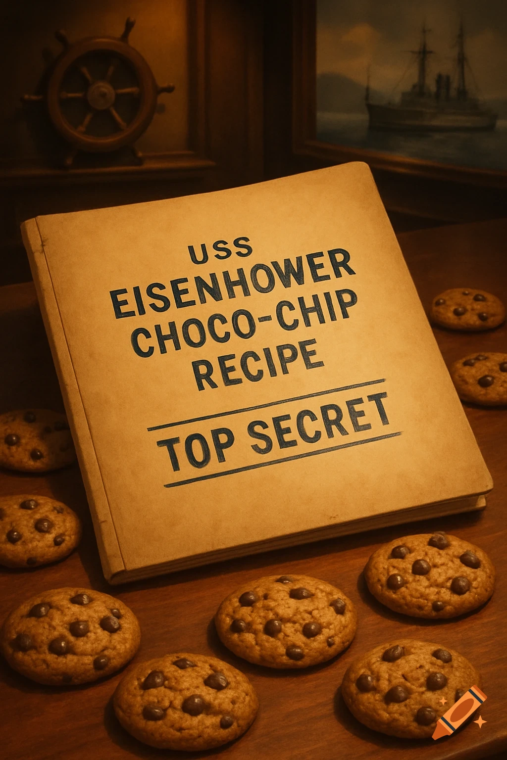 A folder titled 'USS Eisenhower Choco-Chip Recipe - Top Secret' on a wooden table surrounded by chocolate chip cookies. A ship's wheel and painting are in the background.
