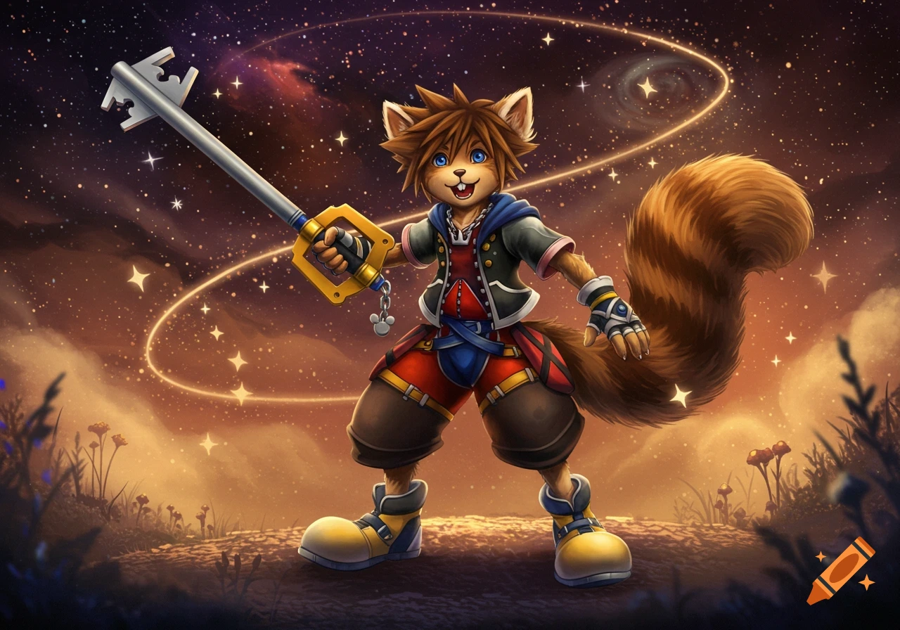 A furry version of Sora from Kingdom Hearts stands holding a keyblade against a vibrant, starry night sky.