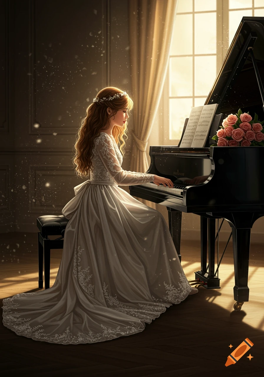 A young woman with long wavy hair in an elegant white dress plays a black grand piano in a sunlit, classic room.