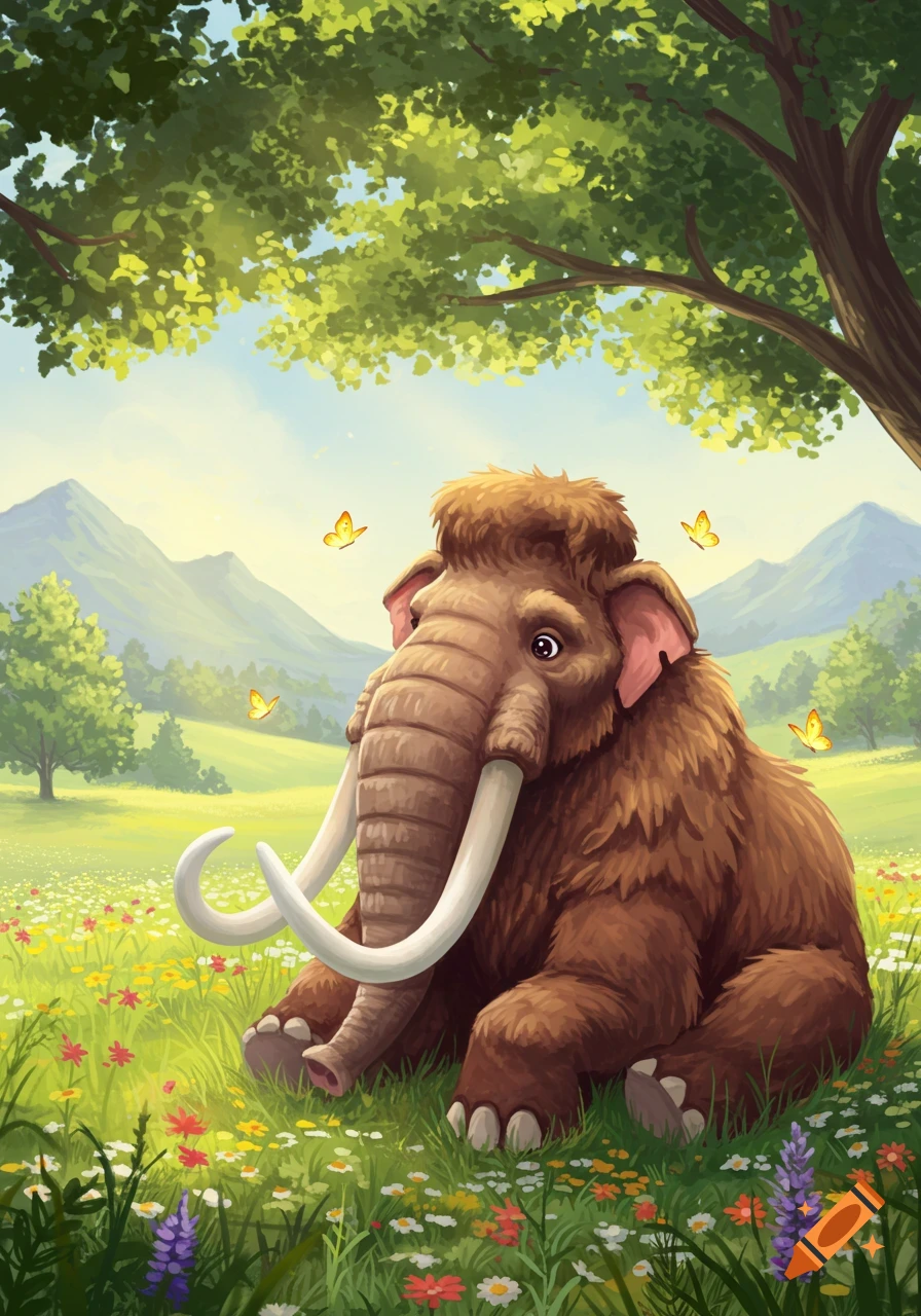 A cute, fluffy mammoth sits in a vibrant wildflower meadow under a tree, with mountains and butterflies. Illustrated.