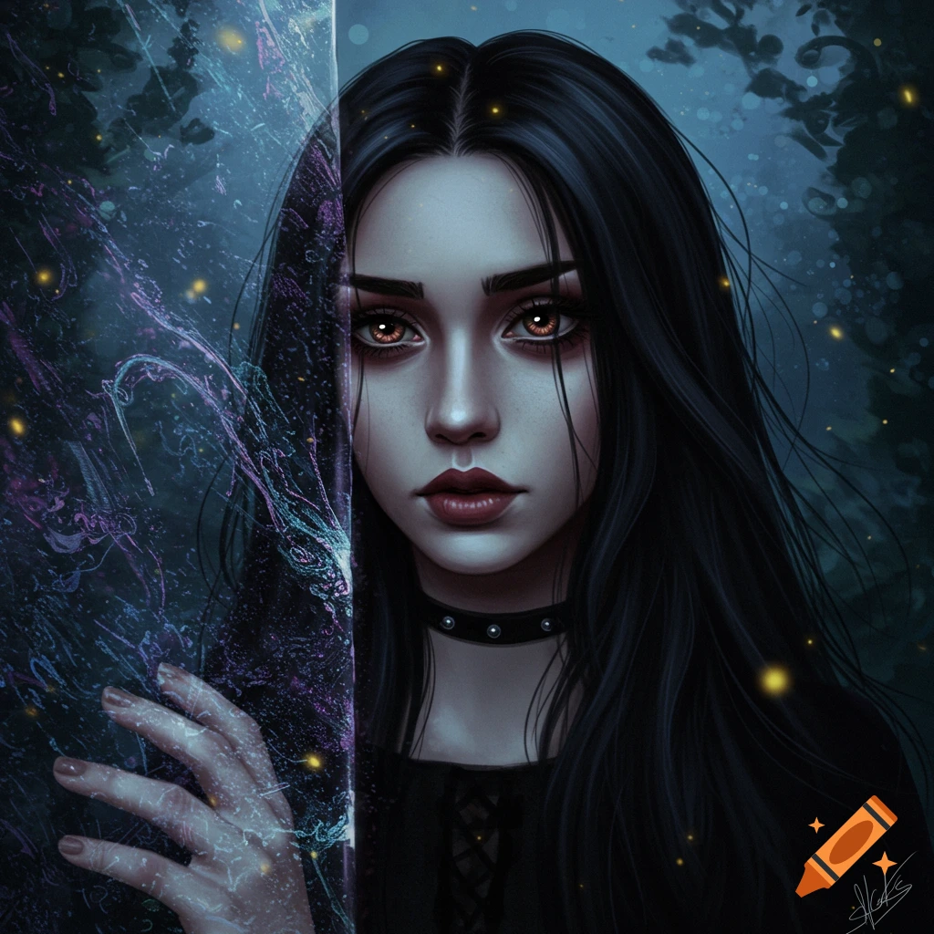 Digital painting of a goth woman with long black hair, brown eyes, and a choker, peering from behind a shimmering magical wall in a dark forest.