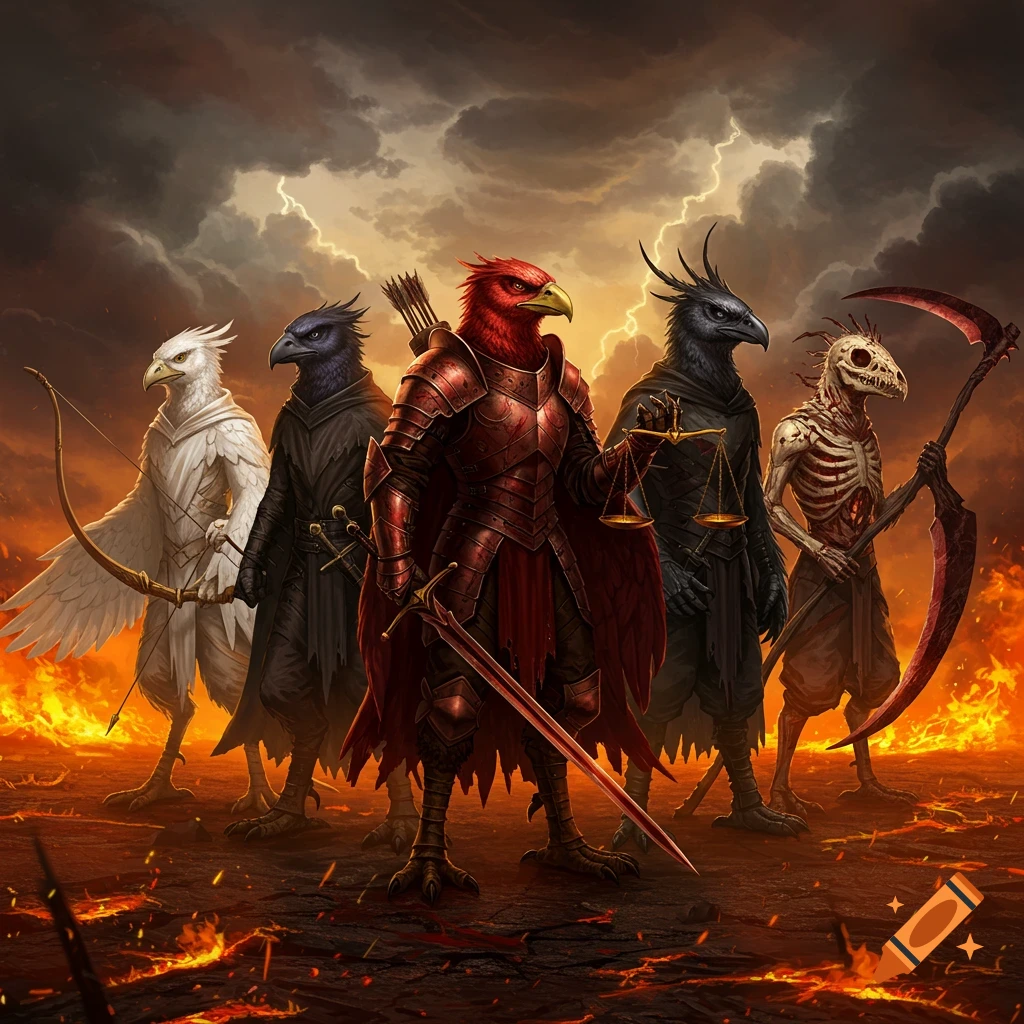 Five anthropomorphic bird figures, including a white archer, a red warrior, a black figure with scales, and a skeletal grim reaper, stand in a fiery, stormy hellscape.