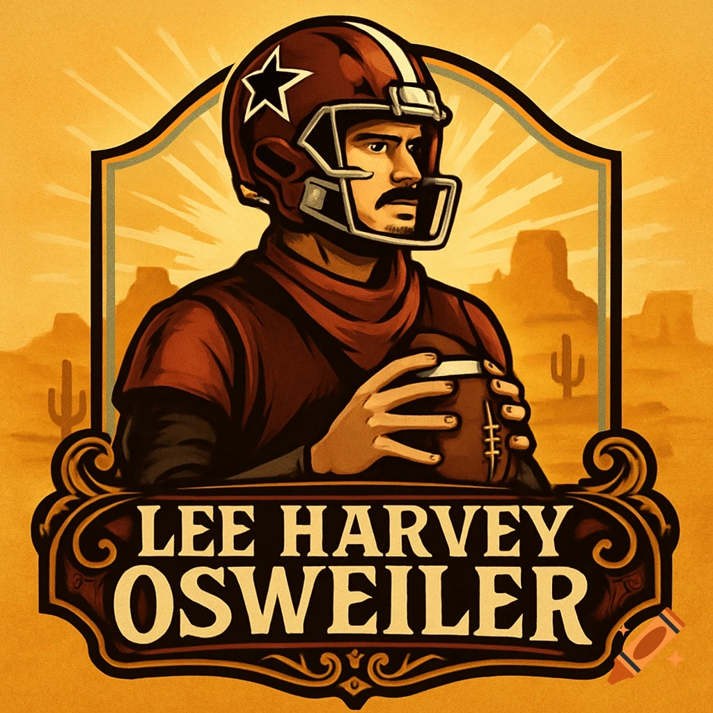 Stylized football logo with player in helmet holding a ball against a desert backdrop. Text: Lee Harvey Osweiler.