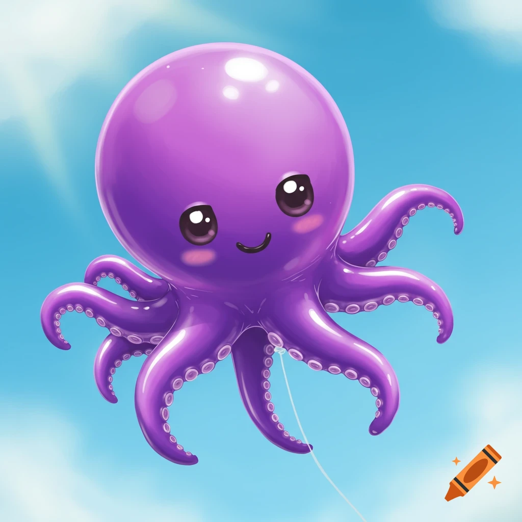 A cute, glossy purple octopus balloon with big eyes and a smile floats in a bright blue sky with soft white clouds.