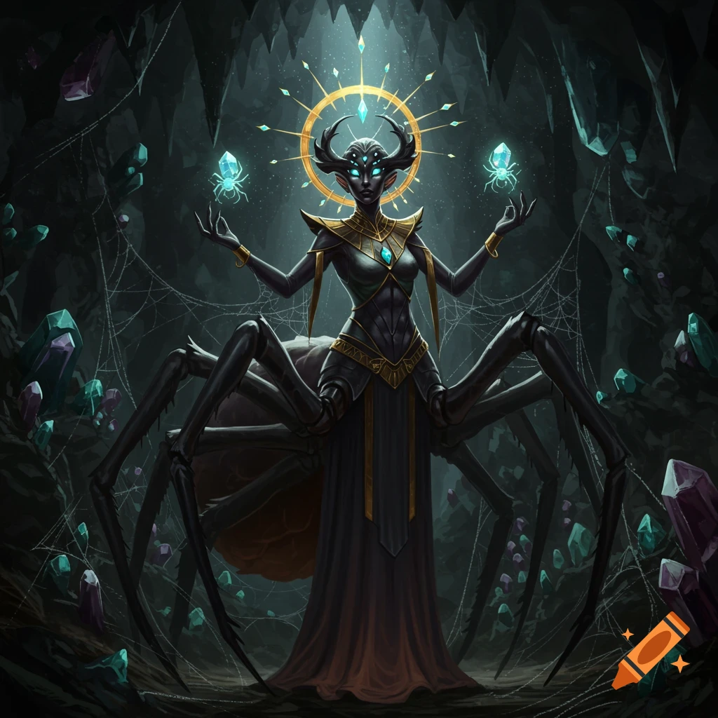 A spider-like woman with multiple eyes and horns stands in a dark crystal cave, holding two glowing spider-gems.