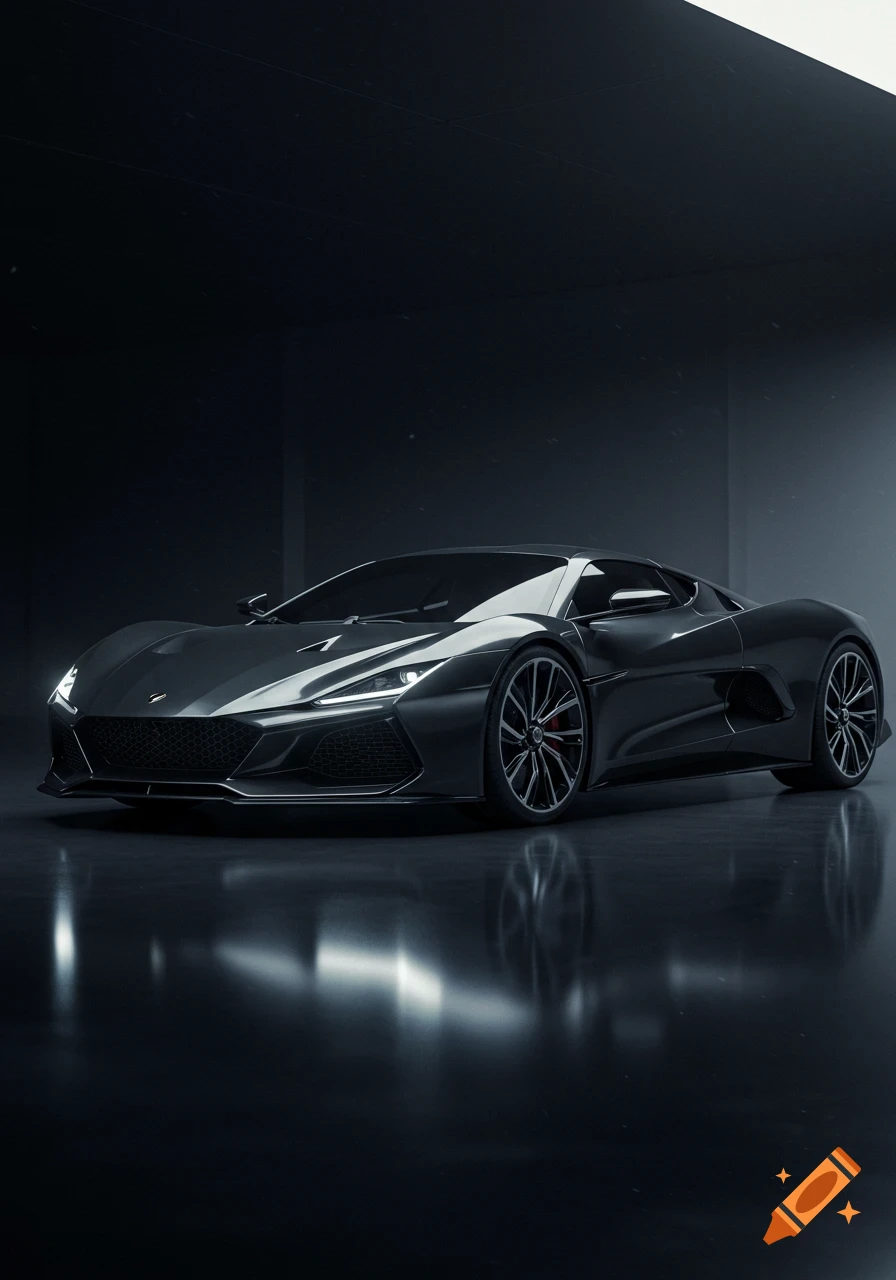 A dark gray, futuristic sports car with glowing headlights parked on a reflective surface in a dimly lit, minimalist garage.