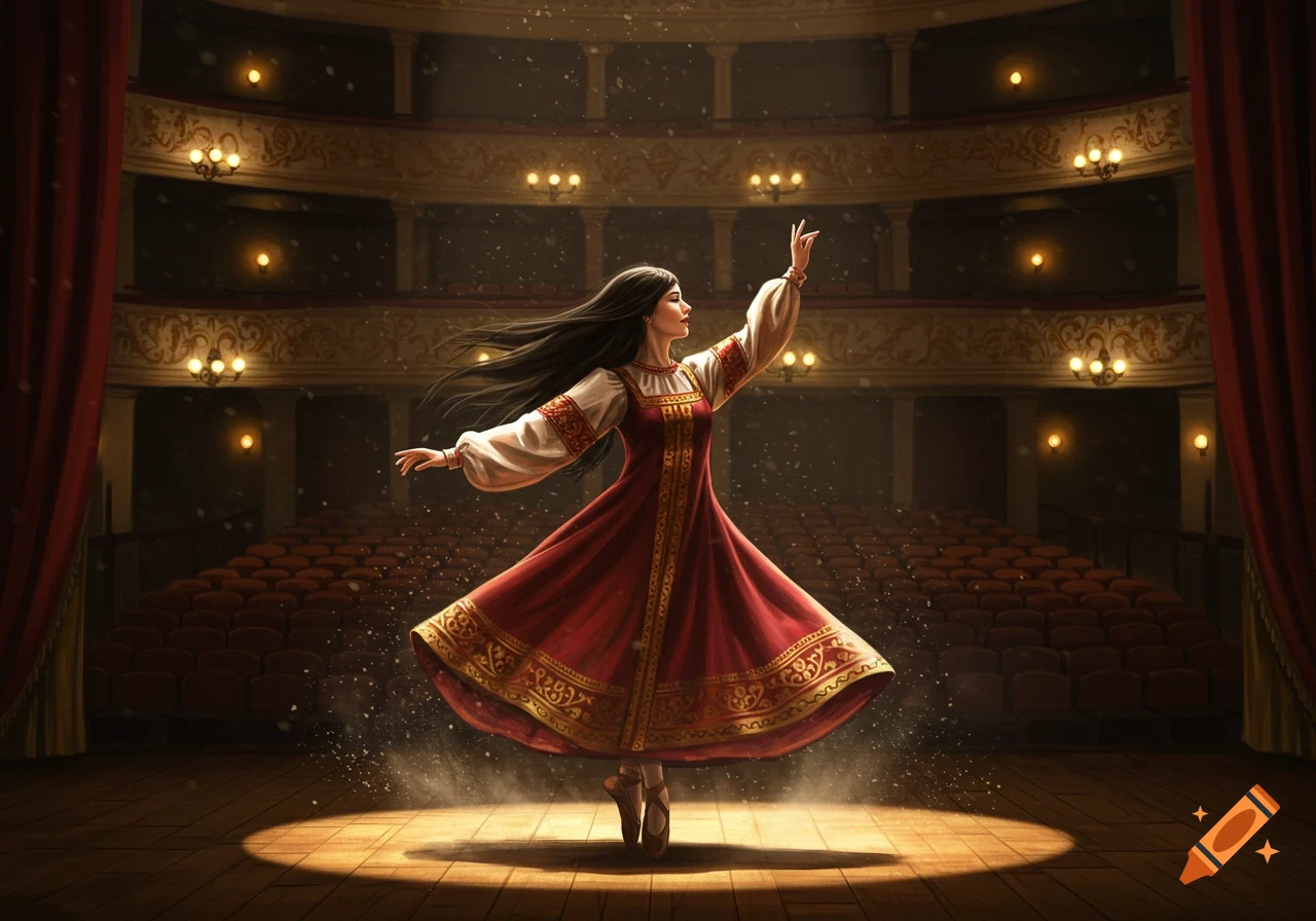 A woman in a flowing red traditional Russian dress dances on a spotlighted stage with empty theater seats in the background.