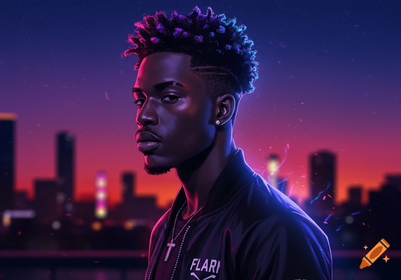 Digital art portrait of a dark-skinned man with glowing, colorful dreadlocks, wearing a bomber jacket, against a neon-lit city skyline at dusk.