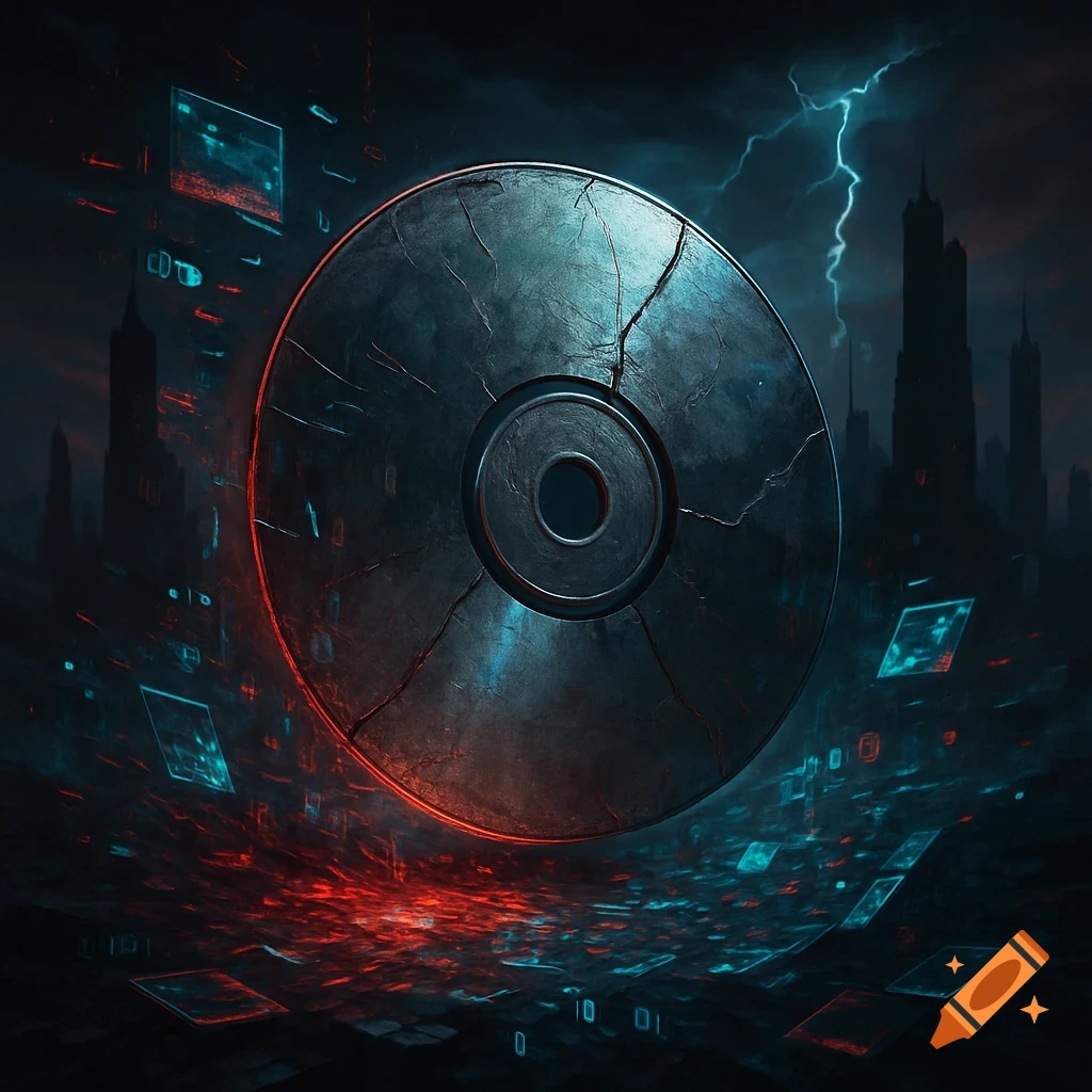 A cracked metallic disc floats over a dark, dystopian city with lightning and glowing red and blue digital data streams.