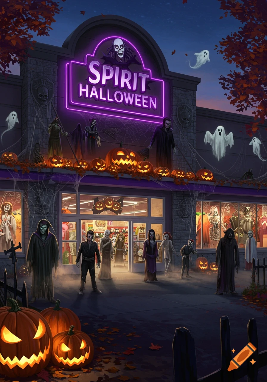 An illustration of a Spirit Halloween store at night, illuminated by purple neon lights and decorated with carved pumpkins, ghosts, and costumed figures outside.