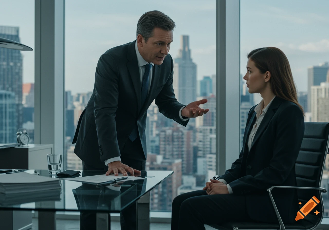 A man in a suit leans over a desk, talking to a woman in a suit sitting opposite him in a modern office with a city view.