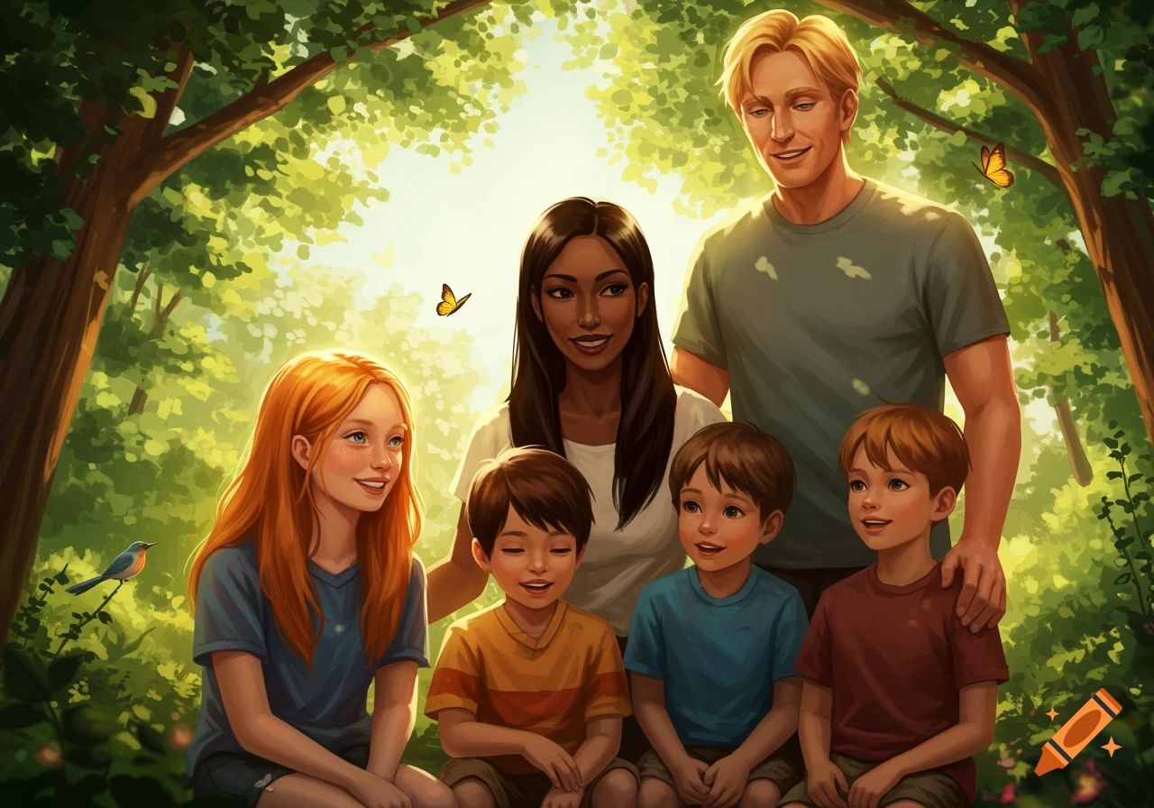 An illustration of a diverse family with a mother, father, and three children smiling in a sunlit forest.