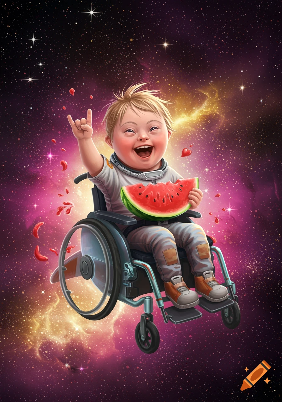 A joyful child with Down syndrome in an astronaut wheelchair floats in vibrant space, making a rock-on gesture and holding a watermelon.