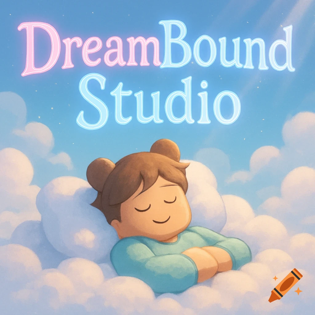 A cartoon Roblox character with bear-like ears sleeps peacefully on a fluffy cloud under a blue sky. Pink and blue text 'DreamBound Studio' floats above.