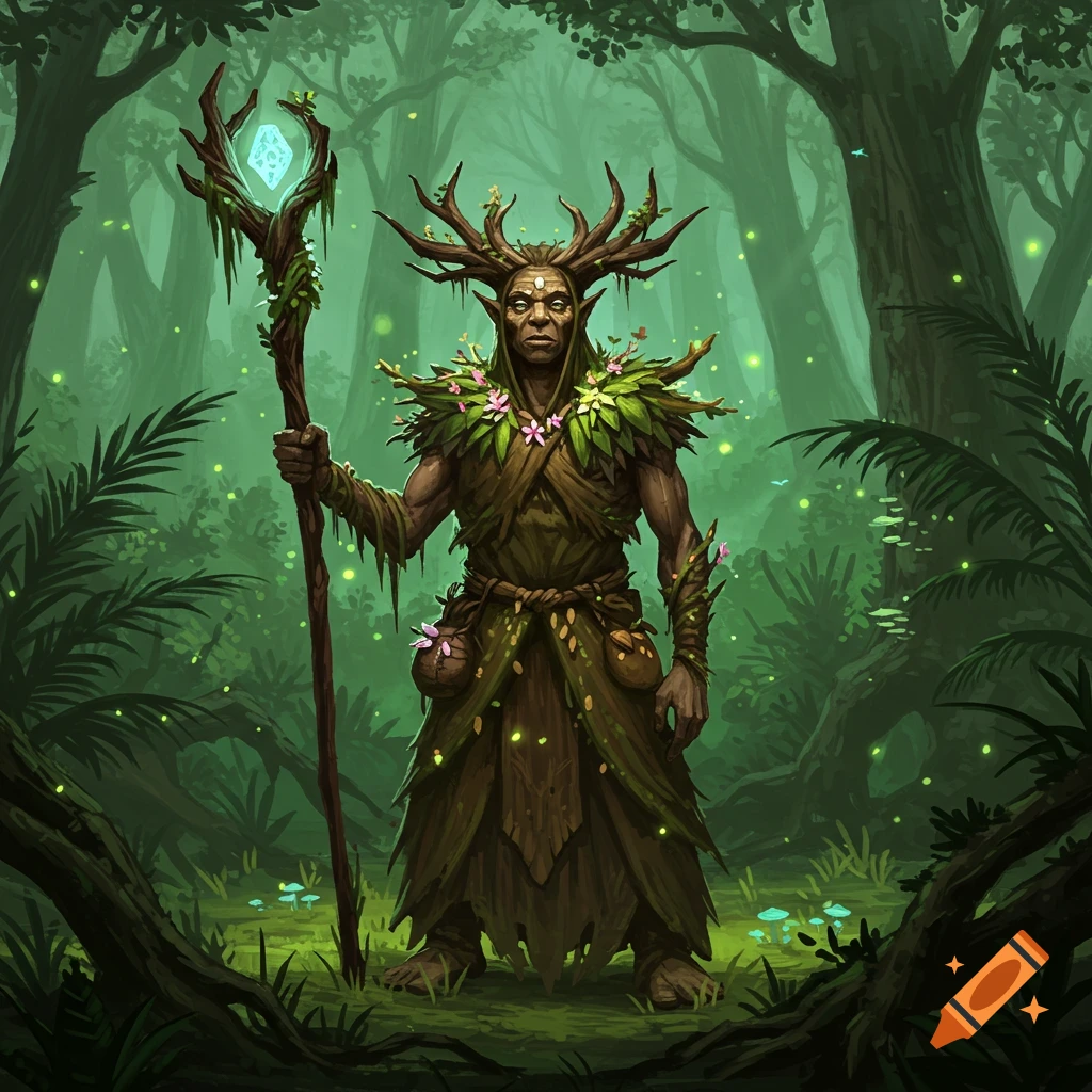 A dark-skinned druid man with antlers and leafy clothing holds a glowing staff in a lush, magical forest.
