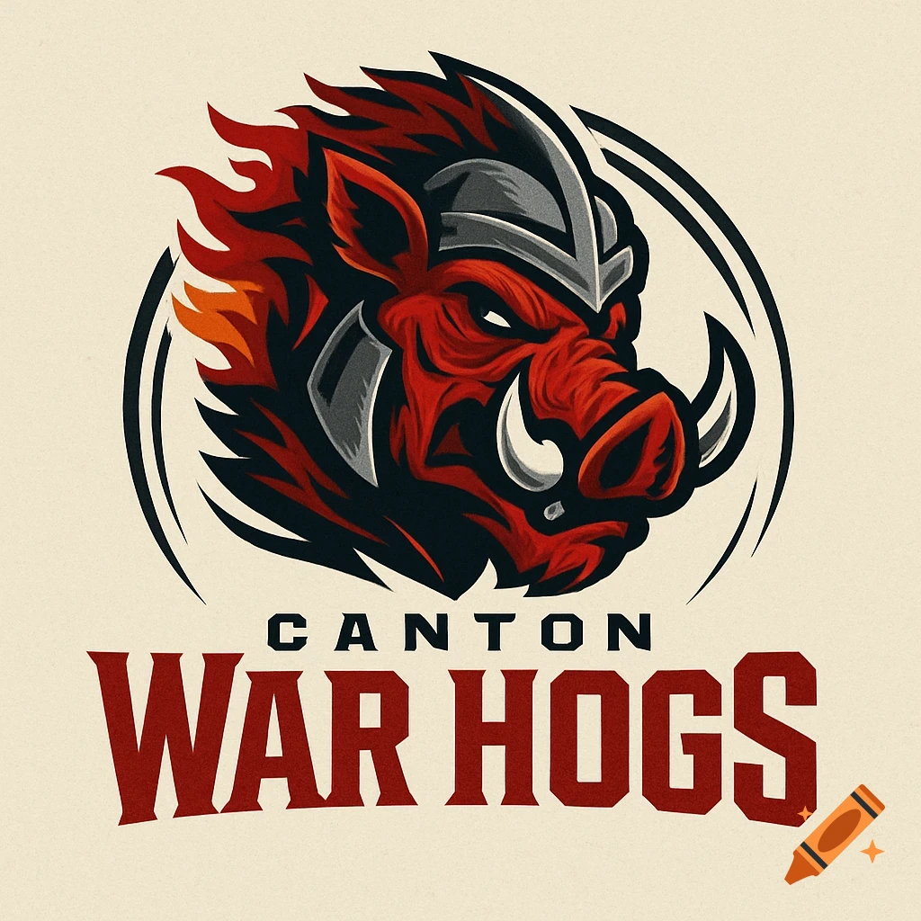Stylized red warthog head with tusks, a helmet, and flames, enclosed in a black circle above 'CANTON WAR HOGS' text.