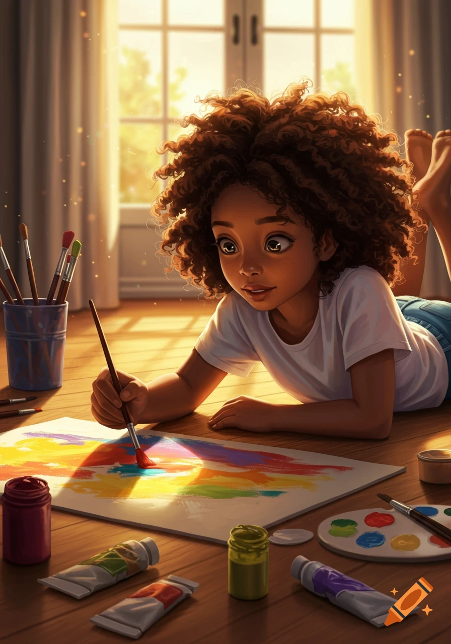A young Black girl with curly hair lies on a wooden floor, painting with colorful paints, bathed in warm sunlight. Digital illustration.