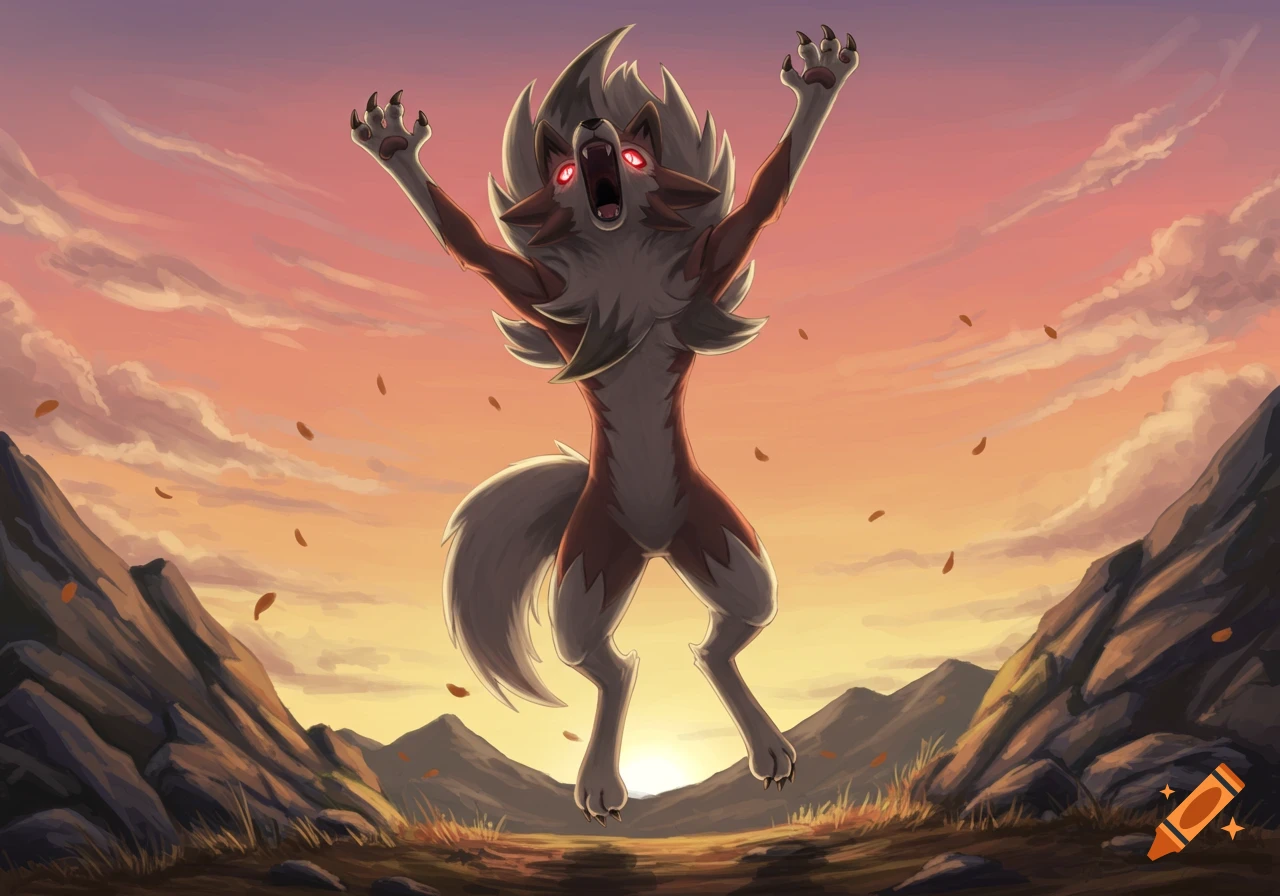 Lycanroc Dusk form, a wolf-like Pokemon, leaps and roars with raised arms against a dramatic sunset sky over rocky terrain.