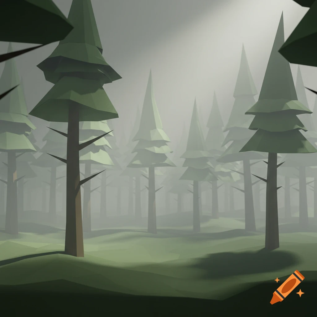 Low-poly 3D render of a foggy forest with pine trees.