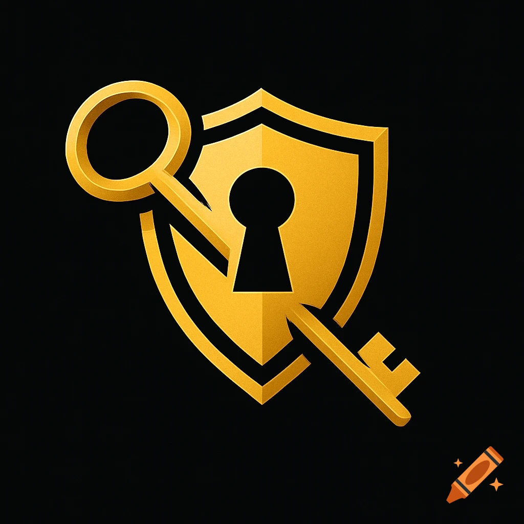 A golden shield with a keyhole and a golden key positioned diagonally, rendered as a digital art logo on a black background.
