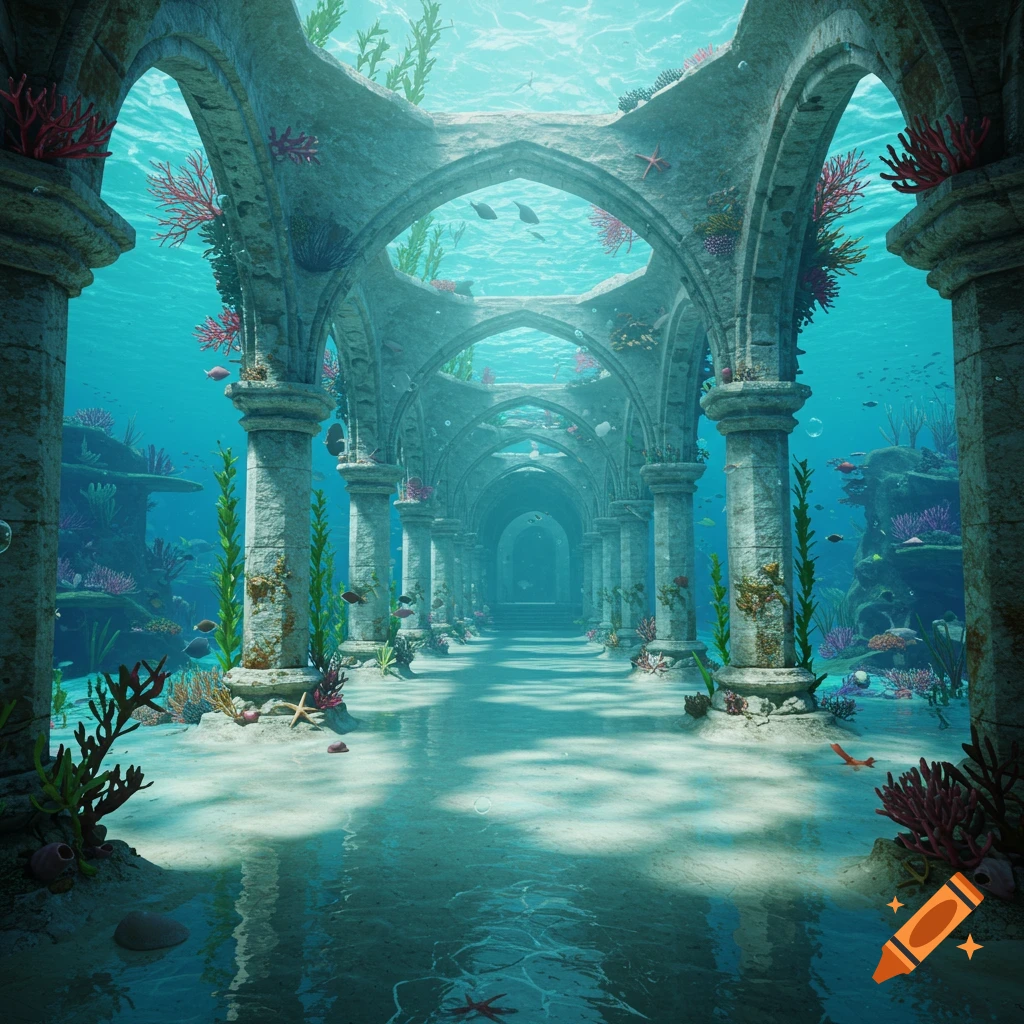 Photorealistic image of a submerged ancient stone arched hallway, adorned with coral and fish, bathed in light through blue water.