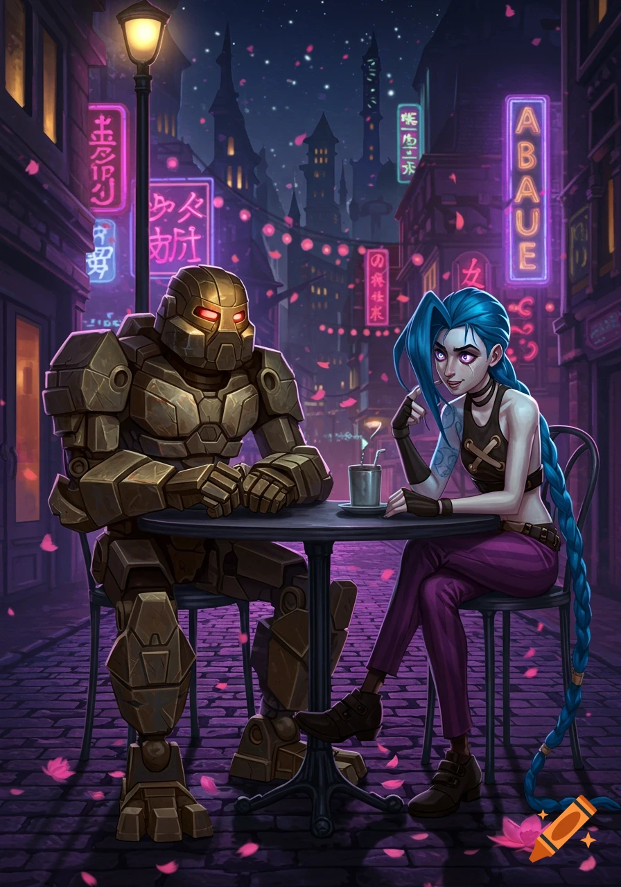Pohatu from Bionicle and Jinx from Arcane on a date at a neon-lit street cafe, with cherry blossoms falling at night, in an illustrated style.