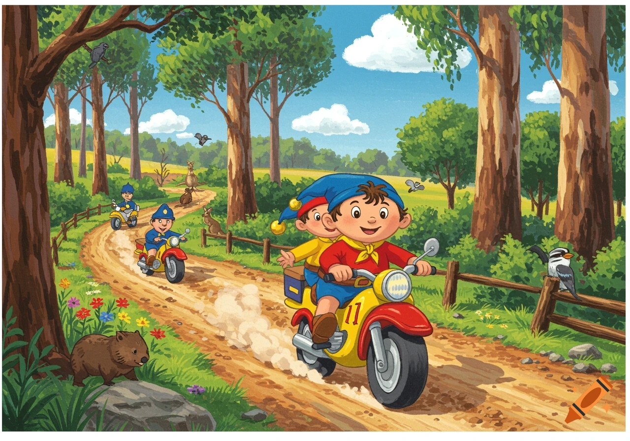 Noddy and Big Ears on a yellow motorcycle and Mr. Plod on a red one ride a dirt road in an Australian bush with native animals. Children's illustration.