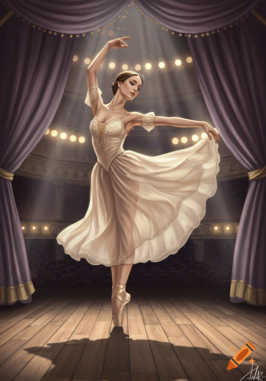 Illustrated ballerina in a white dress posing en pointe on a spotlighted wooden stage with purple curtains.