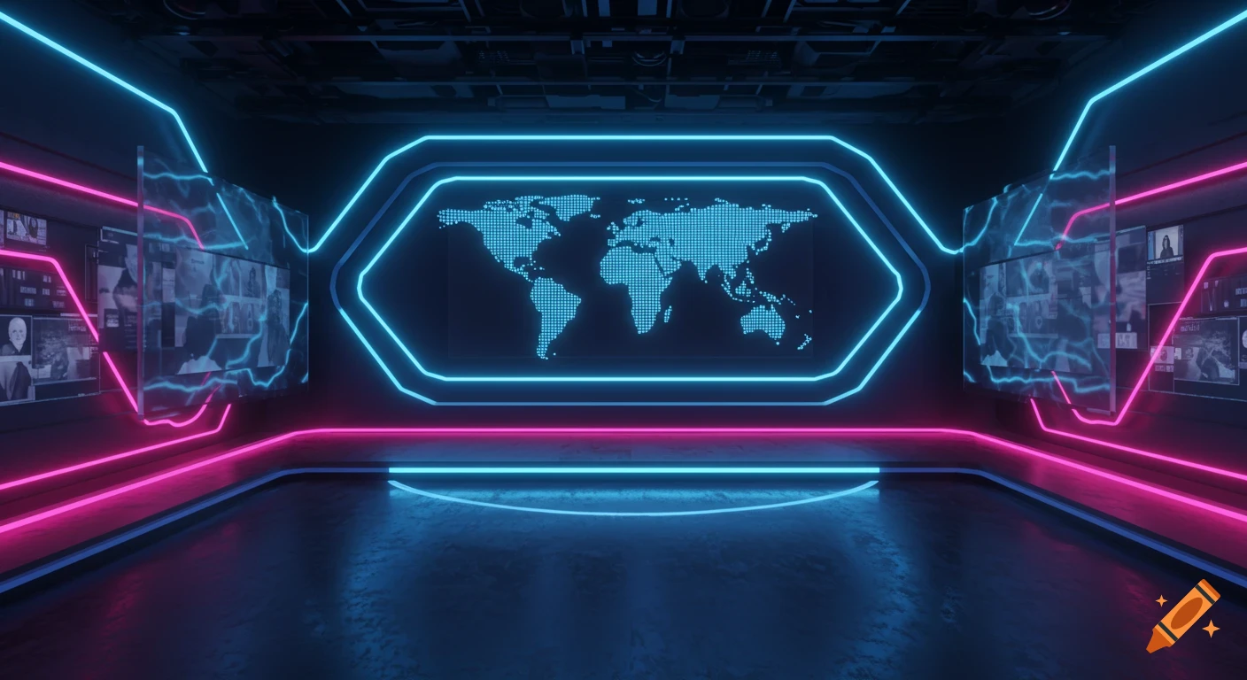 A futuristic news studio backdrop with neon blue and pink lights, featuring a dotted world map display and abstract screens.