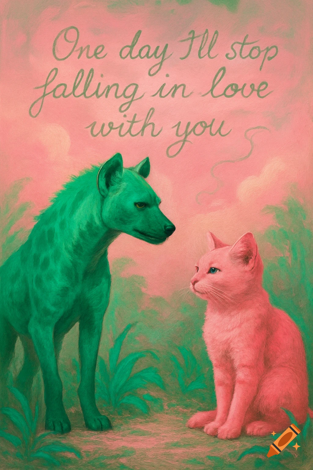 A green hyena and a pink cat look at each other in a pink and green jungle, with the text "One day I'll stop falling in love with you" at the top.