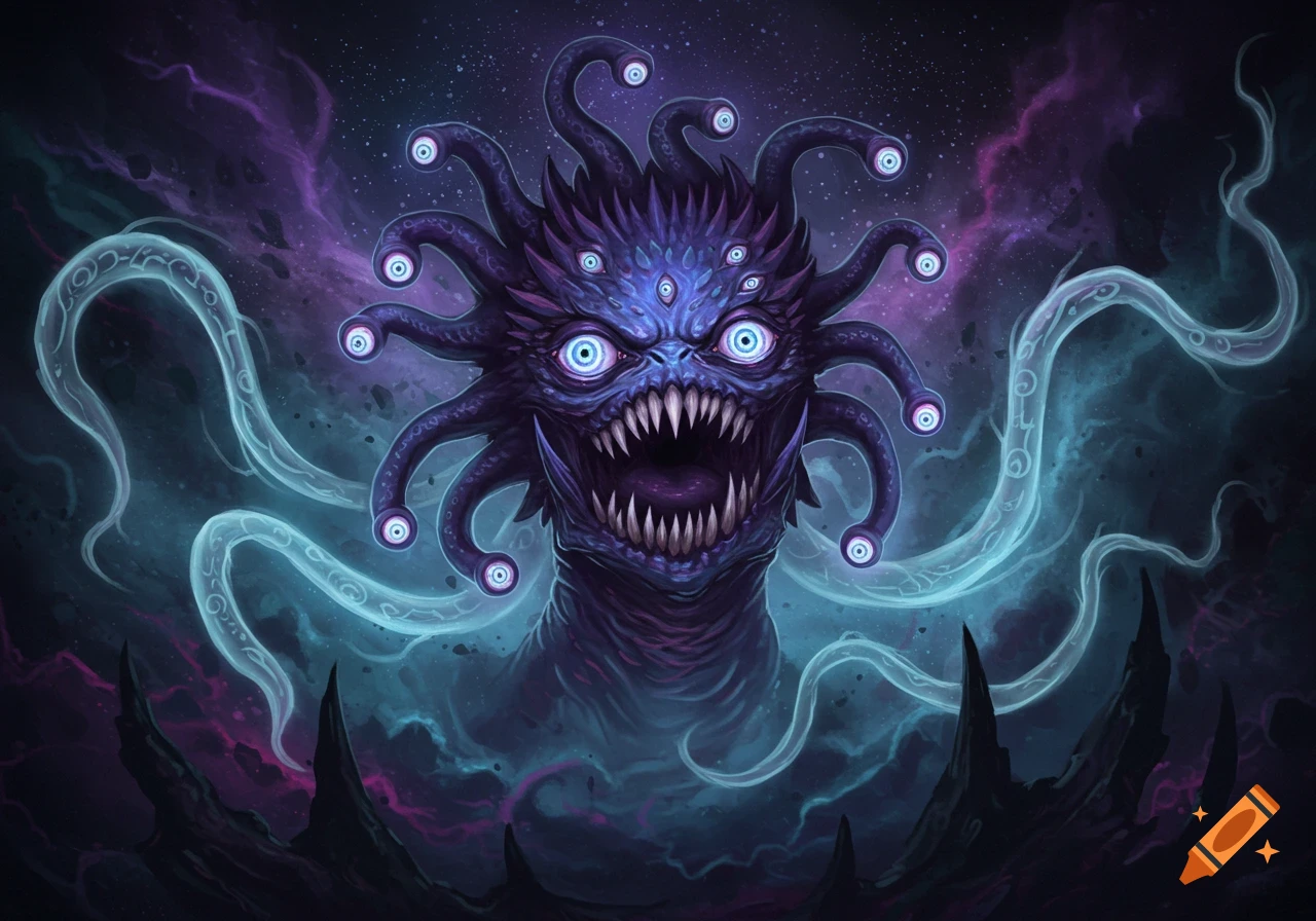 A monstrous, multi-eyed, purple creature with sharp teeth and glowing tendrils against a cosmic nebula background.