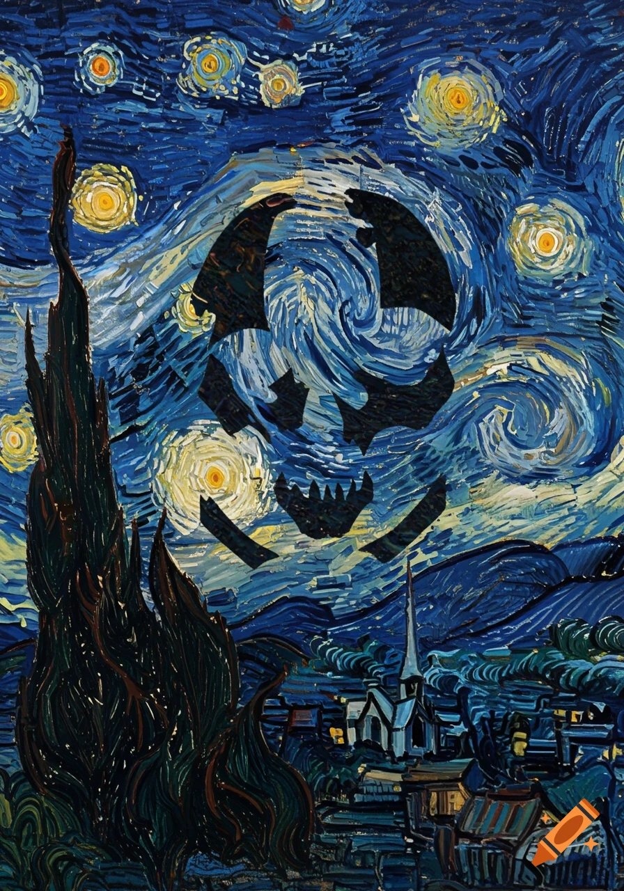 Gears of War Omen logo in the style of Van Gogh's Starry Night, with a dark skull-like symbol over a swirling night sky.