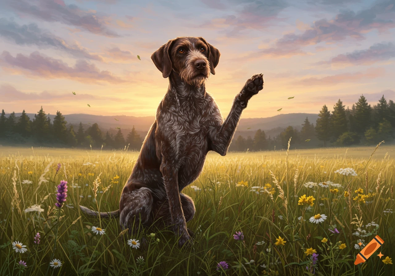 A Slovakian rough-haired pointer dog sits in a sunny wildflower field at sunset, raising its front paw, with trees in the background.
