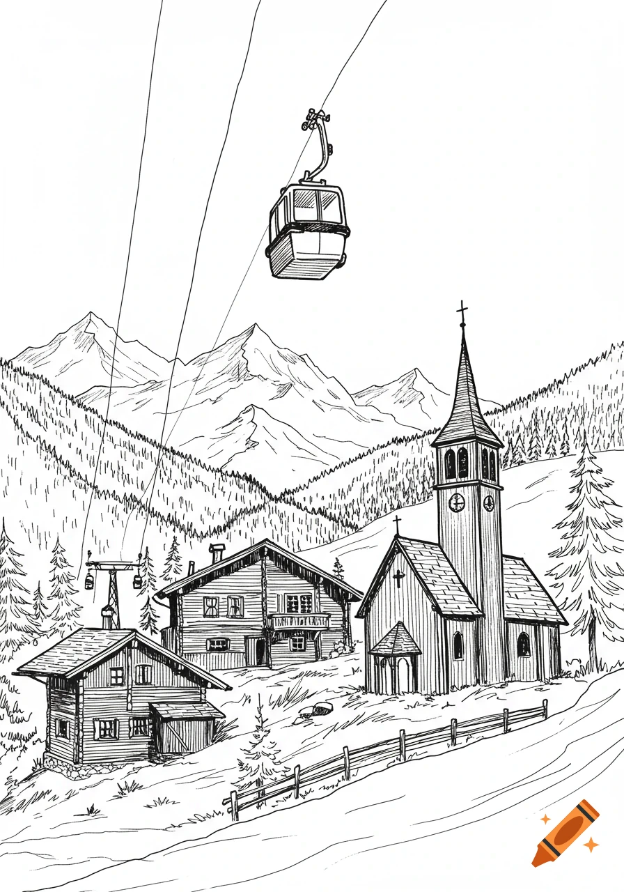 Black and white line art sketch of an alpine mountain village with chalets, a church, pine trees, and a cable car.