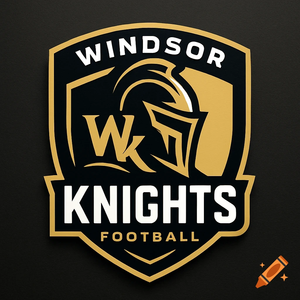 Modern black and gold shield logo for Windsor Knights Football, featuring a stylized knight's helmet and WK initials.