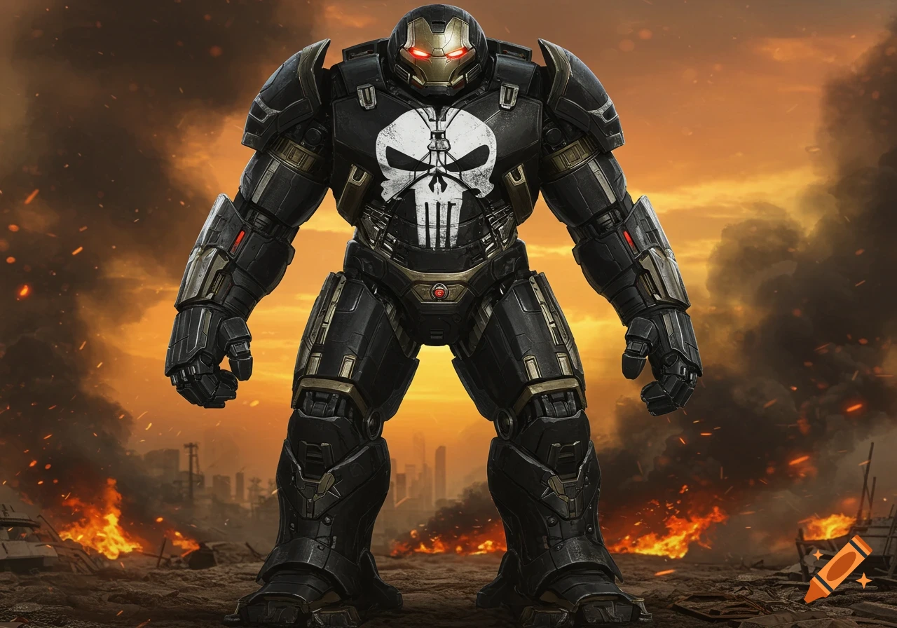 Punisher-themed Hulkbuster armor stands in a burning, destroyed city under an orange sky, depicted in a comic art style.