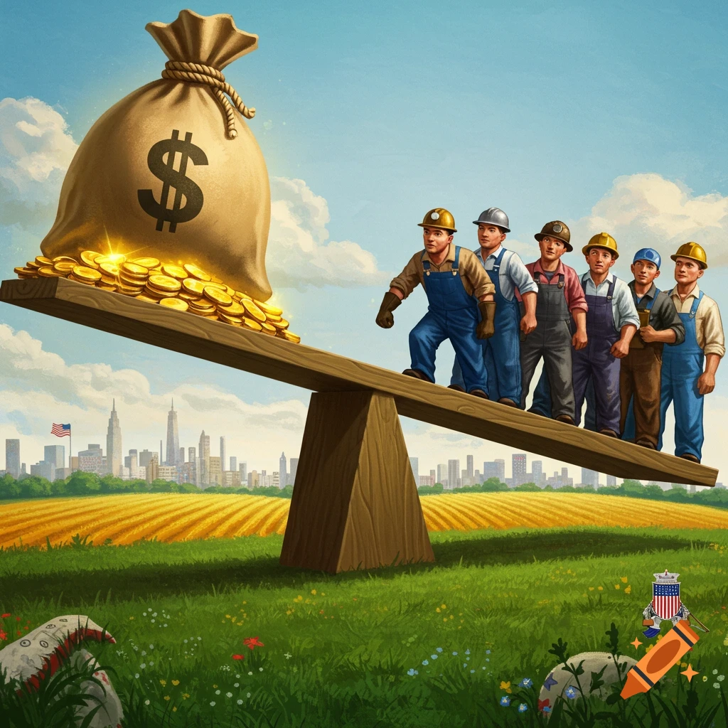 An illustration showing a large bag of money overflowing with gold coins on one side of a teeter-totter, outweighing a line of six male workers on the other side. A city skyline and fields are in the background.