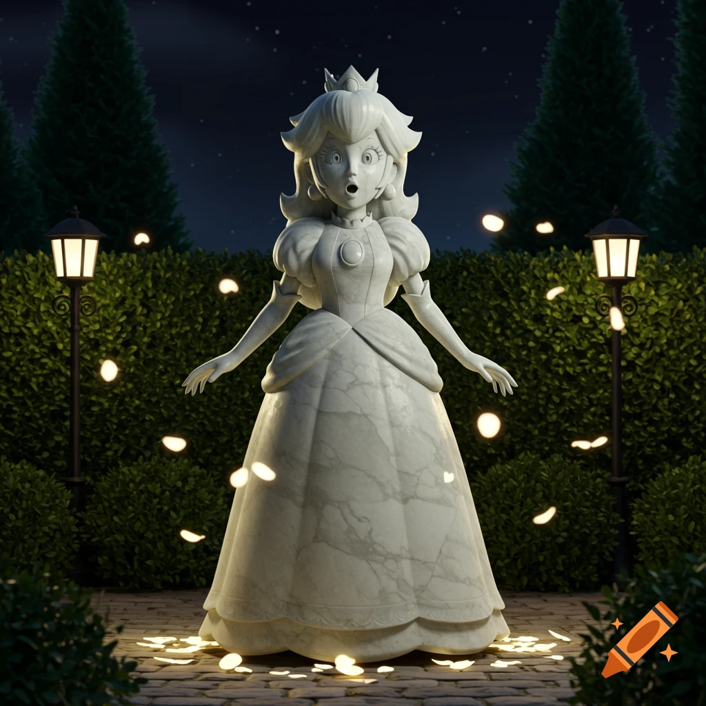 A marble statue of Princess Peach with a surprised expression stands in a dark garden illuminated by lampposts and glowing petals.