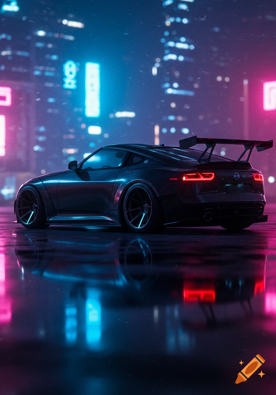 Dark grey Nissan Z with a large rear wing parked on a wet city street, reflecting vibrant blue and pink neon lights from background buildings at night.