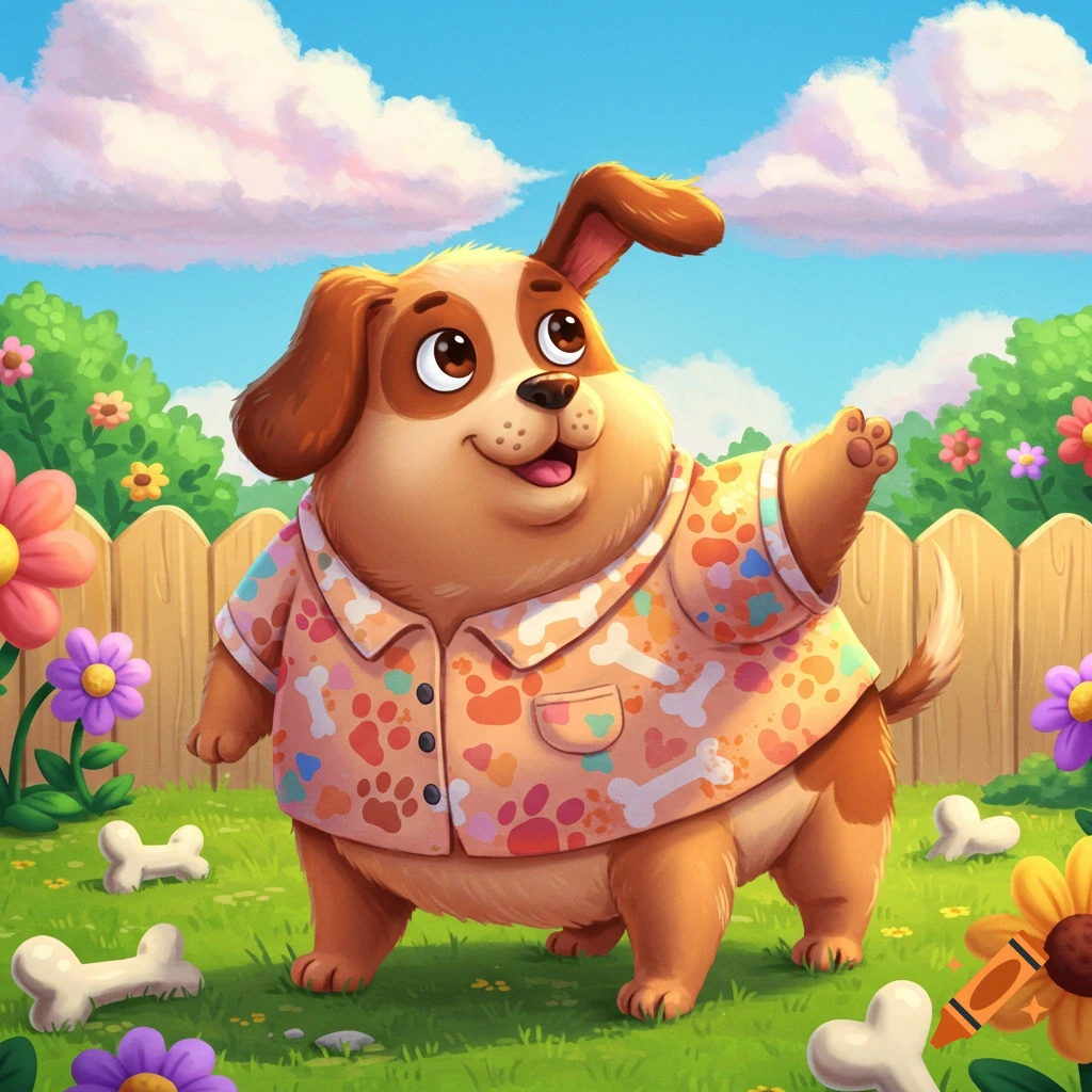 A cheerful, fat cartoon dog wearing a paw print shirt stands in a sunny backyard with bones and flowers.