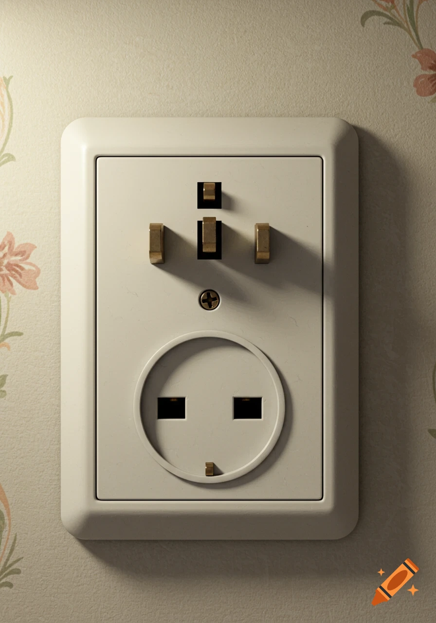 A close-up, photorealistic white electrical plug socket on a cream-colored wall with floral wallpaper.