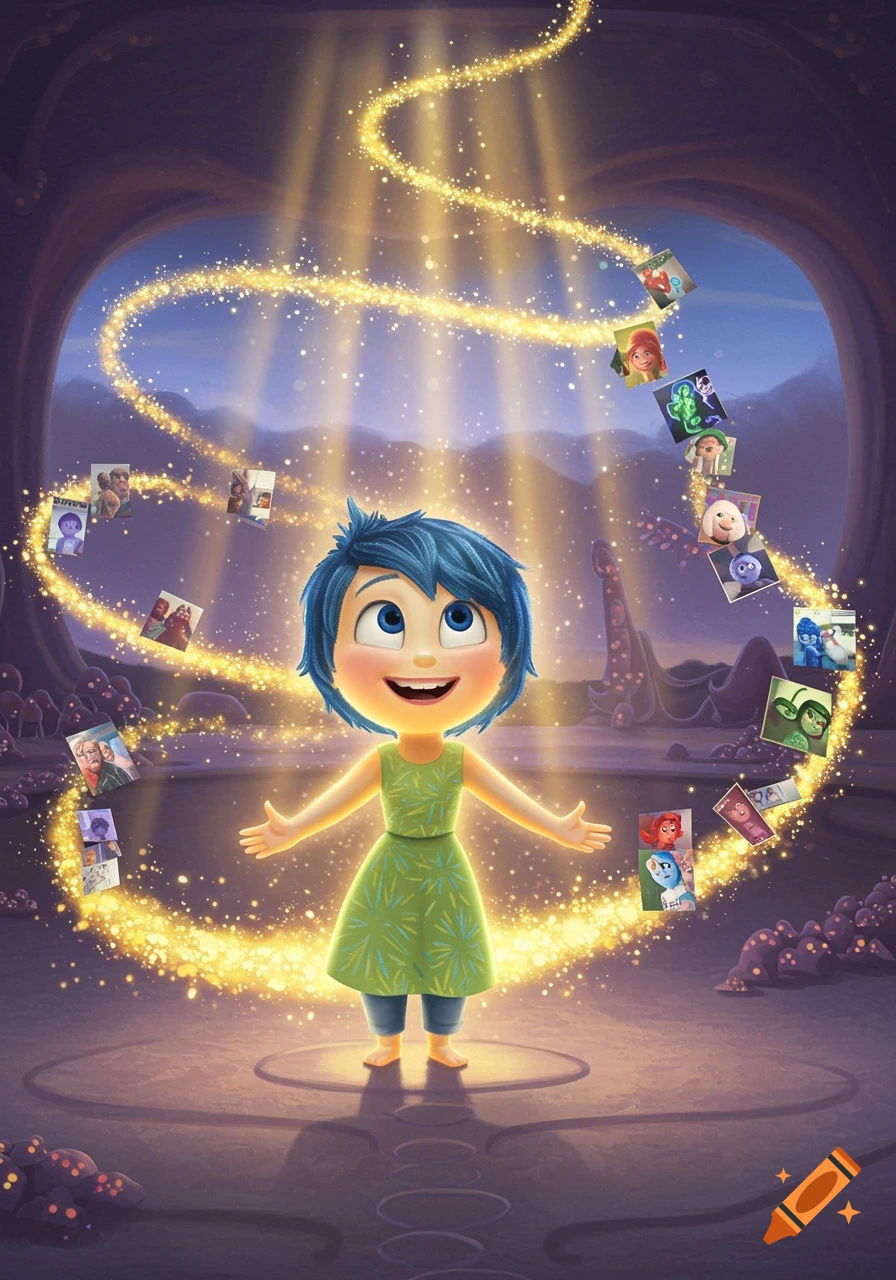 Joy from Inside Out smiling with open arms, surrounded by golden sparkling lights and swirling memory orbs in a fantastical cavern.