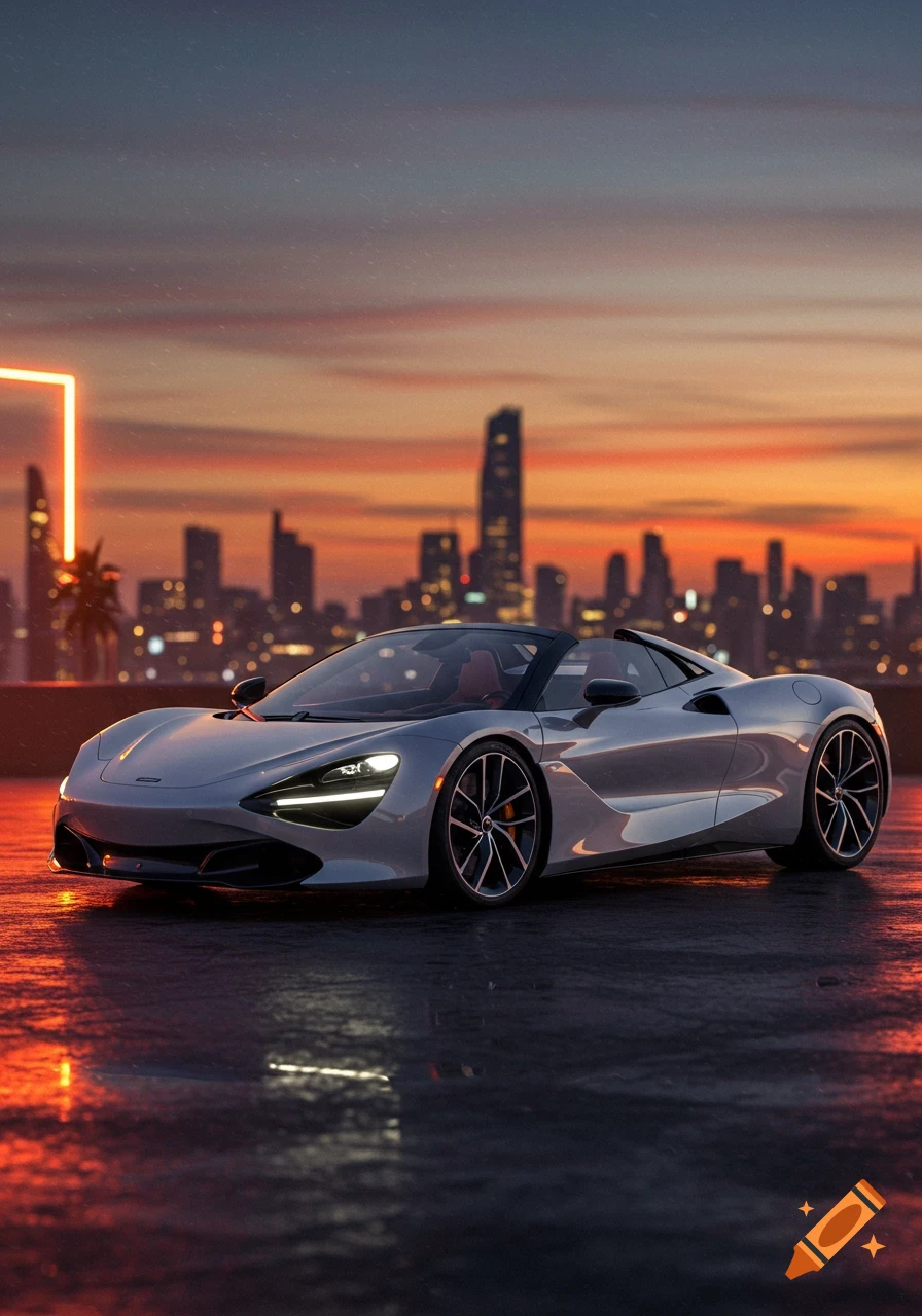 A silver McLaren sports car parked on a wet rooftop at sunset, with a blurred city skyline and orange neon light in the background. Photorealistic style.