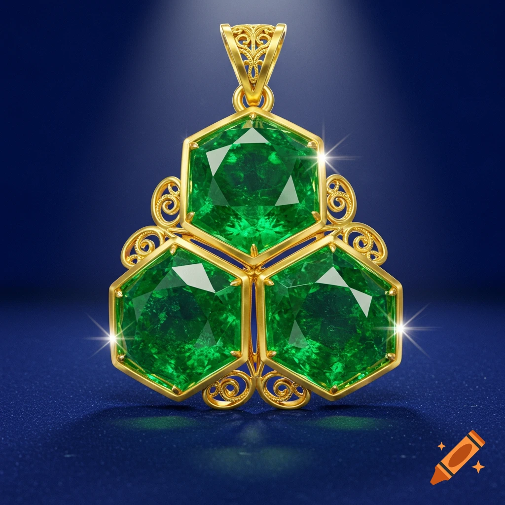 A shiny gold pendant featuring three faceted emerald gemstones in a triangular arrangement on a dark blue background.