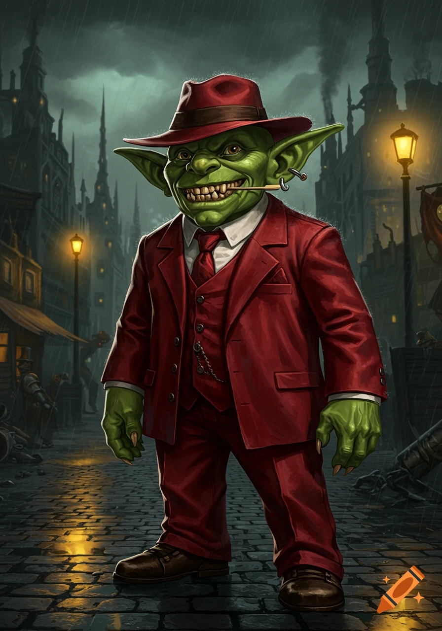 A green-skinned goblin-like creature wearing a red gangster suit and fedora, standing on a dark, rainy city street at night.