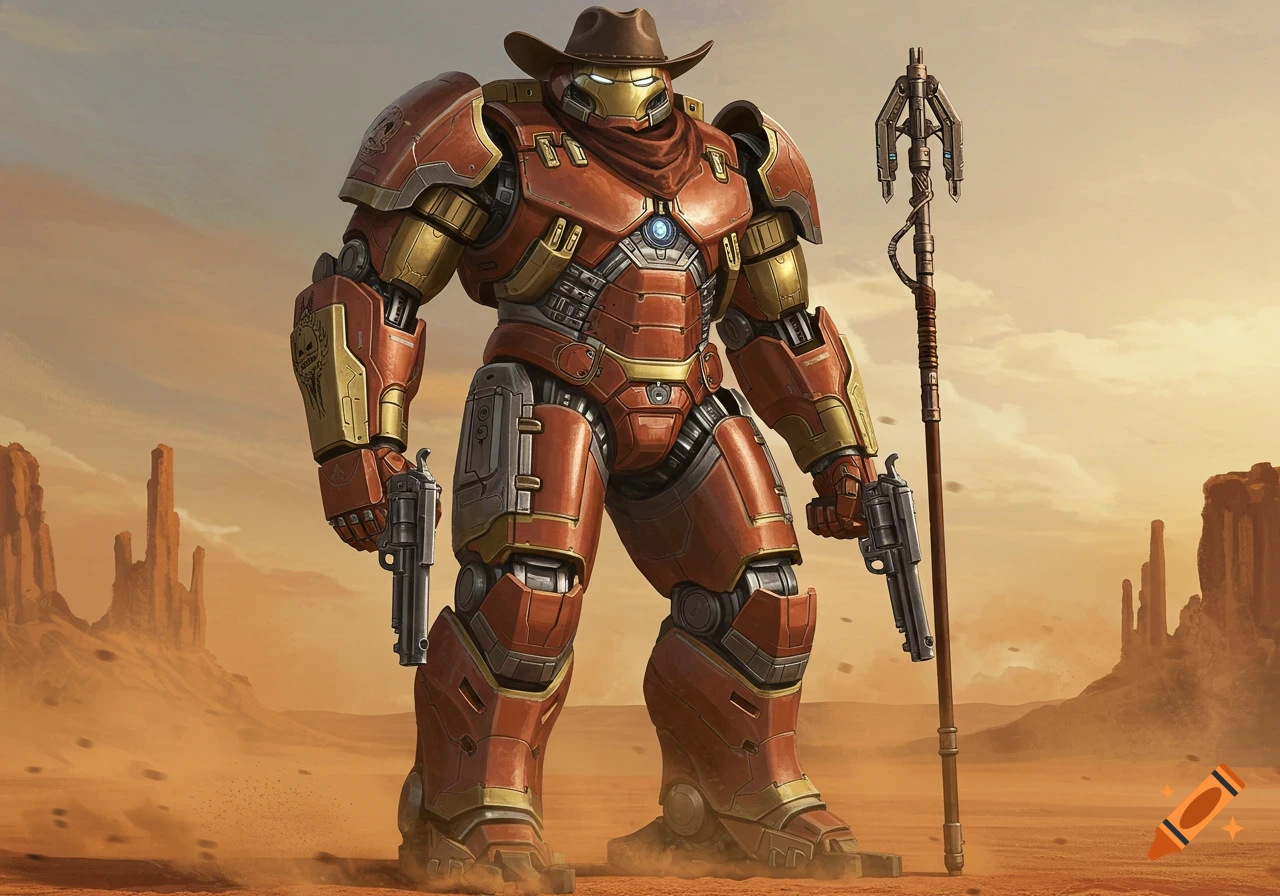 A cowboy-inspired Hulkbuster armor, wearing a cowboy hat and bandana, holds two futuristic revolvers in a desert landscape.